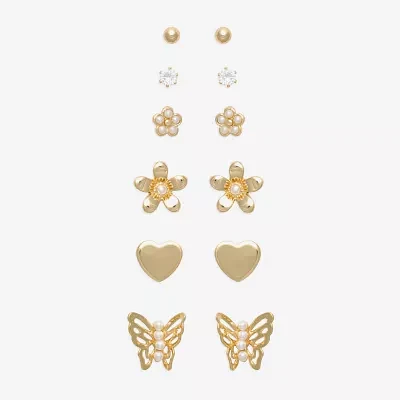 Mixit Hypoallergenic Gold Tone 6 Pair Cubic Zirconia Butterfly Flower Heart Earring Set