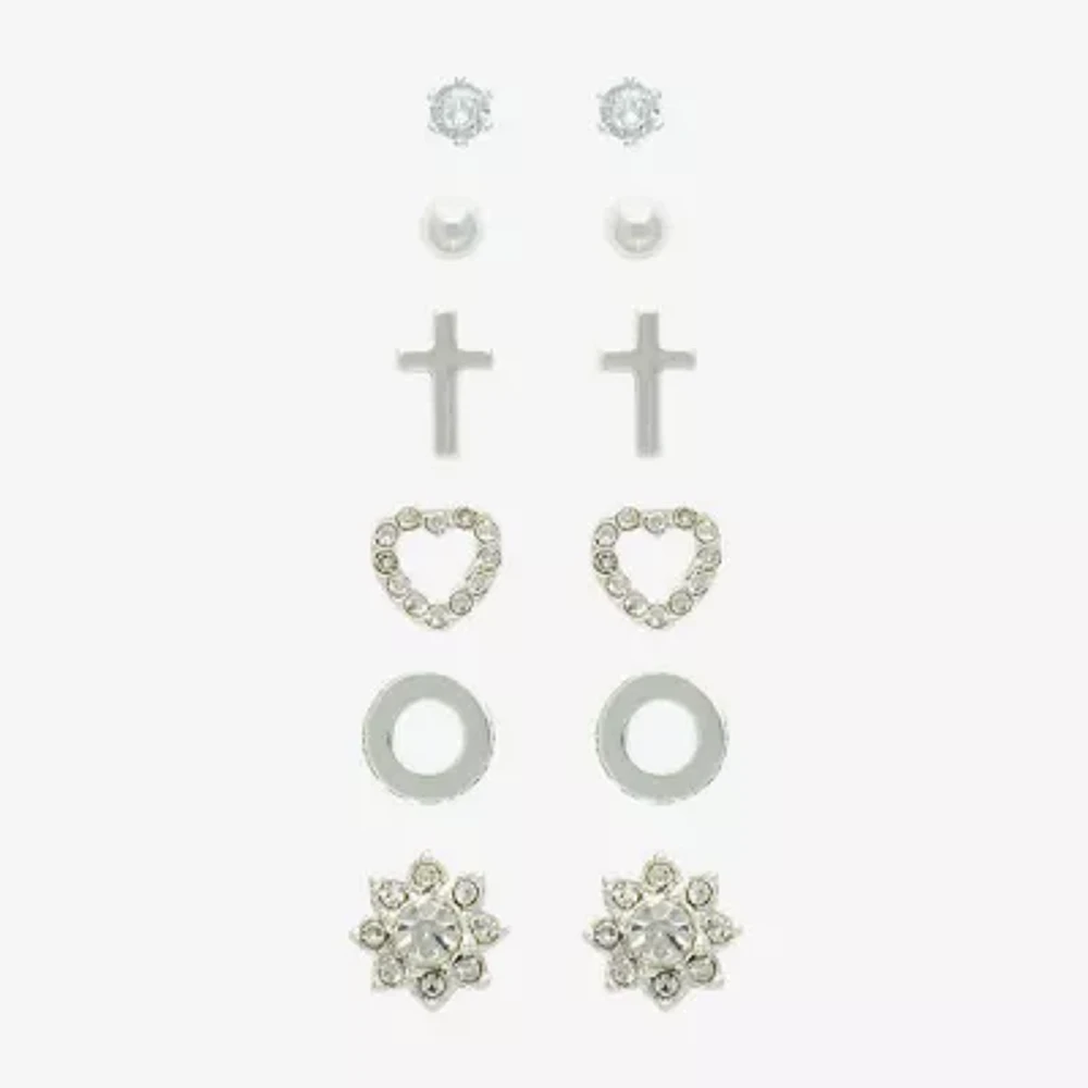 Mixit Hypoallergenic Silver Tone 6 Pair Cross Flower Heart Jewelry Set