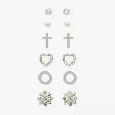 Mixit Hypoallergenic Silver Tone 6 Pair Cross Flower Heart Jewelry Set
