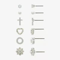 Mixit Hypoallergenic Silver Tone 6 Pair Cross Flower Heart Jewelry Set