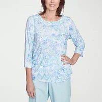 Alfred Dunner St Thomas Womens Crew Neck 3/4 Sleeve Stretch Fabric T-Shirt