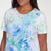 Alfred Dunner Womens Split Crew Neck Short Sleeve Stretch Fabric T-Shirt