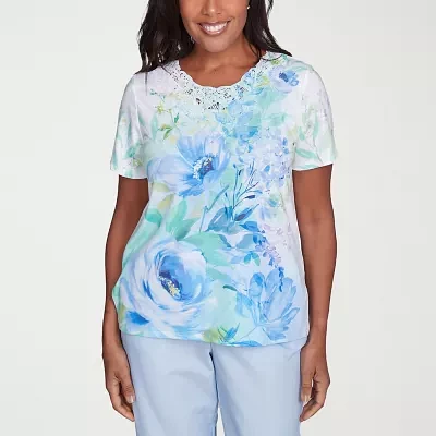 Alfred Dunner St Thomas Womens Split Crew Neck Short Sleeve Stretch Fabric T-Shirt