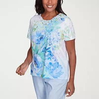 Alfred Dunner Womens Split Crew Neck Short Sleeve Stretch Fabric T-Shirt