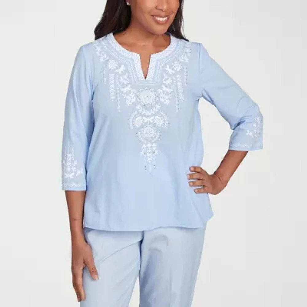 Alfred Dunner Womens Split Crew Neck 3/4 Sleeve Embroidered Blouse