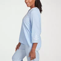Alfred Dunner Womens Split Crew Neck 3/4 Sleeve Embroidered Blouse