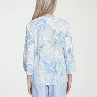 Alfred Dunner St Thomas Womens 3/4 Sleeve Embroidered Button-Down Shirt