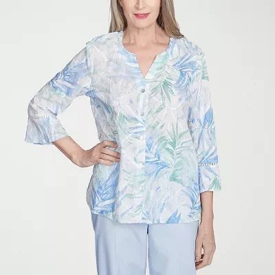 Alfred Dunner St Thomas Womens 3/4 Sleeve Embroidered Button-Down Shirt