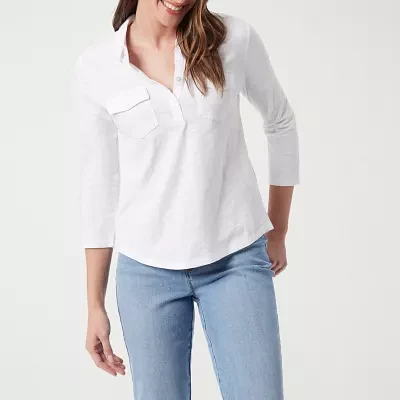 Gloria Vanderbilt Womens V Neck 3/4 Sleeve Polo Shirt