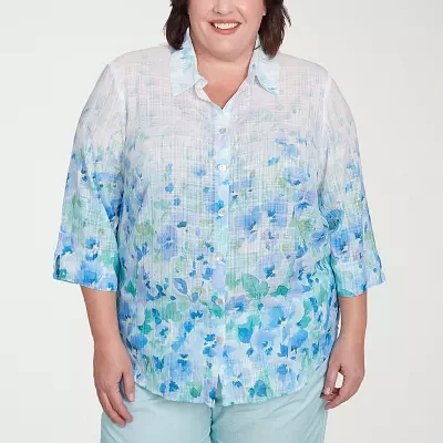 Alfred Dunner Plus Womens 3/4 Sleeve Button-Down Shirt