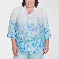 Alfred Dunner Plus Womens 3/4 Sleeve Button-Down Shirt