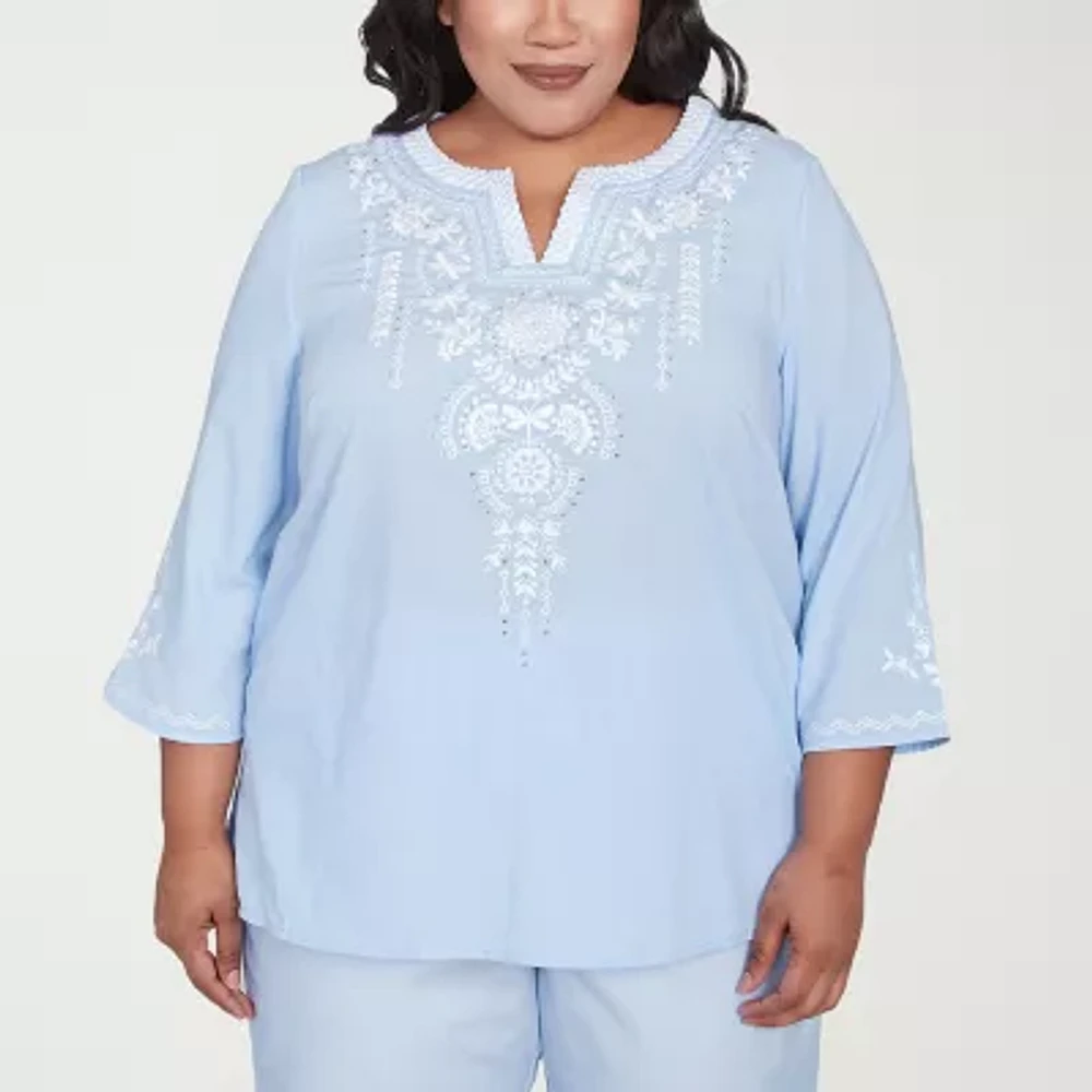 Alfred Dunner Plus St Thomas Womens Split Crew Neck 3/4 Sleeve Embroidered Blouse