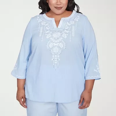 Alfred Dunner Plus St Thomas Womens Split Crew Neck 3/4 Sleeve Embroidered Blouse