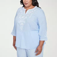 Alfred Dunner Plus St Thomas Womens Split Crew Neck 3/4 Sleeve Embroidered Blouse