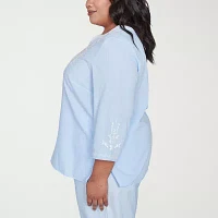 Alfred Dunner Plus St Thomas Womens Split Crew Neck 3/4 Sleeve Embroidered Blouse