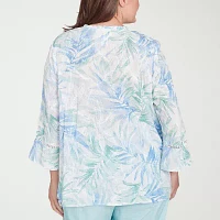 Alfred Dunner Plus St Thomas Womens 3/4 Sleeve Embroidered Button-Down Shirt