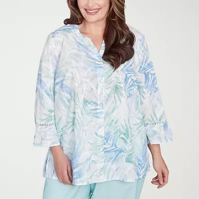Alfred Dunner Plus St Thomas Womens 3/4 Sleeve Embroidered Button-Down Shirt