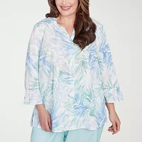 Alfred Dunner Plus St Thomas Womens 3/4 Sleeve Embroidered Button-Down Shirt