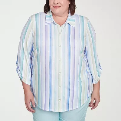 Alfred Dunner Plus St Thomas Womens 3/4 Sleeve Button-Down Shirt