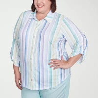 Alfred Dunner Plus St Thomas Womens 3/4 Sleeve Button-Down Shirt