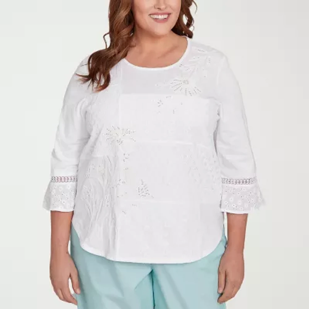 Alfred Dunner Plus St Thomas Womens Crew Neck 3/4 Sleeve Blouse