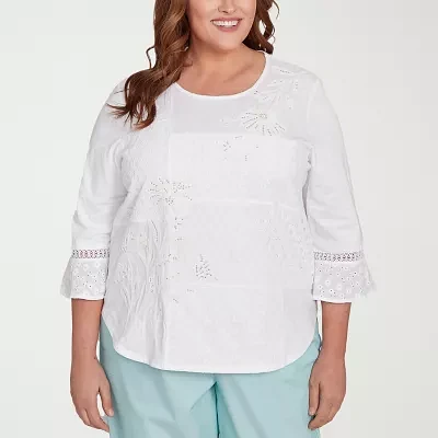 Alfred Dunner Plus St Thomas Womens Crew Neck 3/4 Sleeve Blouse