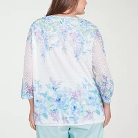 Alfred Dunner St Thomas Womens Plus Crew Neck 3/4 Sleeve T-Shirt