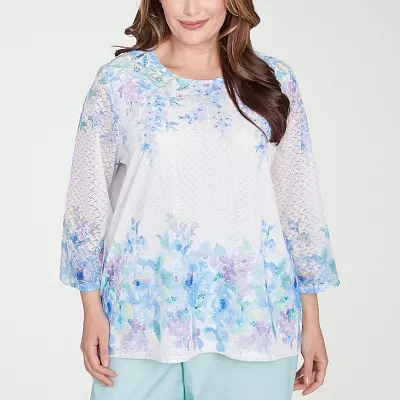 Alfred Dunner St Thomas Womens Plus Crew Neck 3/4 Sleeve T-Shirt