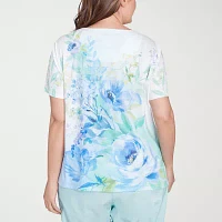 Alfred Dunner Womens Plus Split Crew Neck Short Sleeve Stretch Fabric T-Shirt