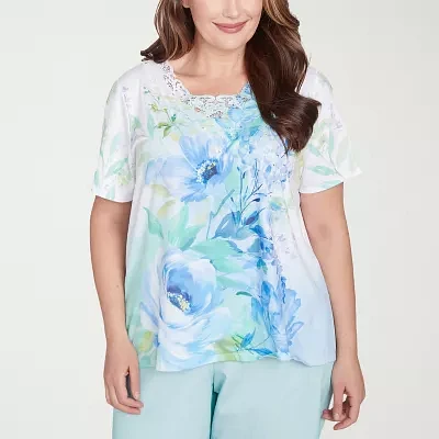 Alfred Dunner Womens Plus Split Crew Neck Short Sleeve Stretch Fabric T-Shirt
