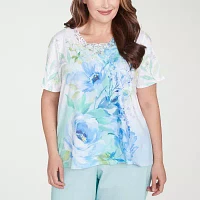 Alfred Dunner Womens Plus Split Crew Neck Short Sleeve Stretch Fabric T-Shirt