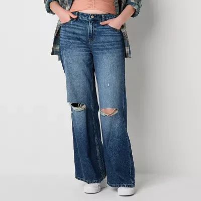 Arizona Juniors Airy Drape Ripped Womens Low Rise Baggy Fit Loose Jean