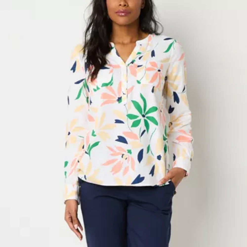 Liz Claiborne Womens Split Crew Neck Long Sleeve Blouse