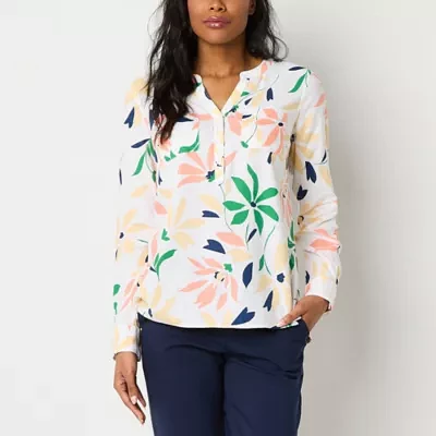 Liz Claiborne Womens Split Crew Neck Long Sleeve Blouse
