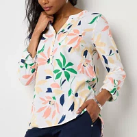 Liz Claiborne Womens Split Crew Neck Long Sleeve Blouse