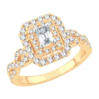 (H-I / I1) Womens 1 CT. T.W. Lab Grown White Diamond 10K Gold Side Stone Halo Engagement Ring