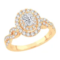 (H-I / I1) Womens 1 CT. T.W. Lab Grown White Diamond 10K Gold Oval Side Stone Halo Engagement Ring