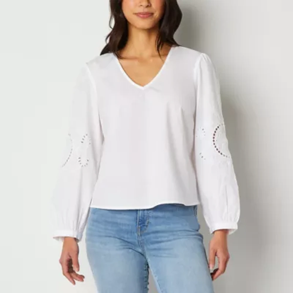 a.n.a Womens V Neck Long Sleeve Embroidered Blouse