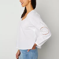 a.n.a Womens V Neck Long Sleeve Embroidered Blouse