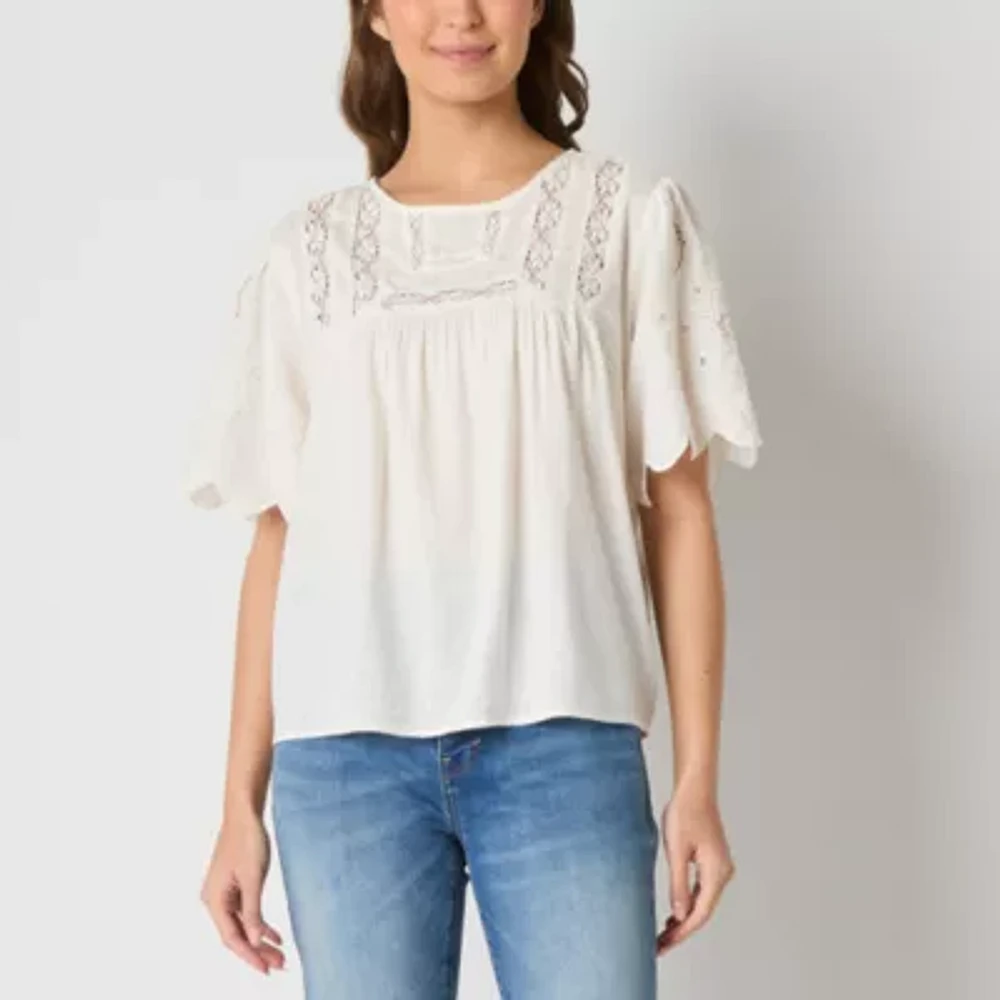 a.n.a Womens Round Neck Short Sleeve Embroidered Blouse