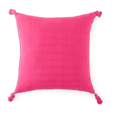 Turquoise Sun Textured With Tassels Pink Square Throw Pillows