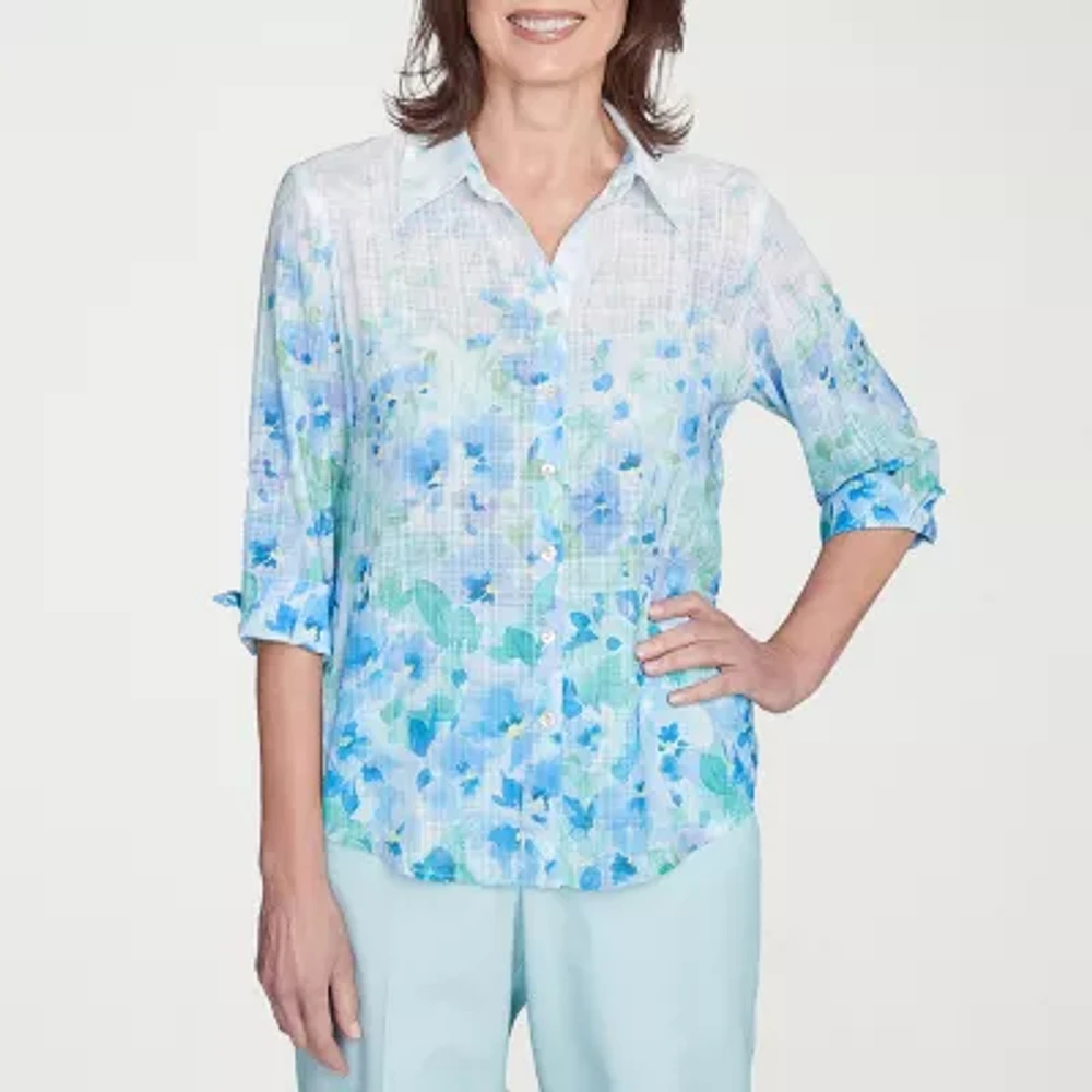 Alfred Dunner St Thomas Womens 3/4 Sleeve Button-Down Shirt