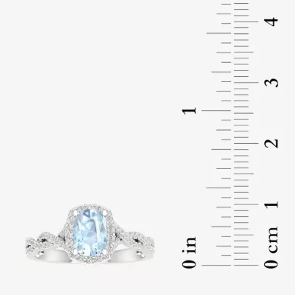 Womens Genuine Blue Aquamarine & 1/4 CT. T.W. Diamond 10K Gold Cushion Cocktail Ring