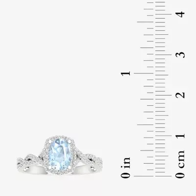 Womens Genuine Blue Aquamarine & 1/4 CT. T.W. Diamond 10K Gold Cushion Cocktail Ring