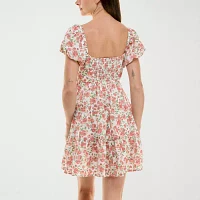 Trixxi Womens Short Sleeve Floral Fit + Flare Dress Juniors