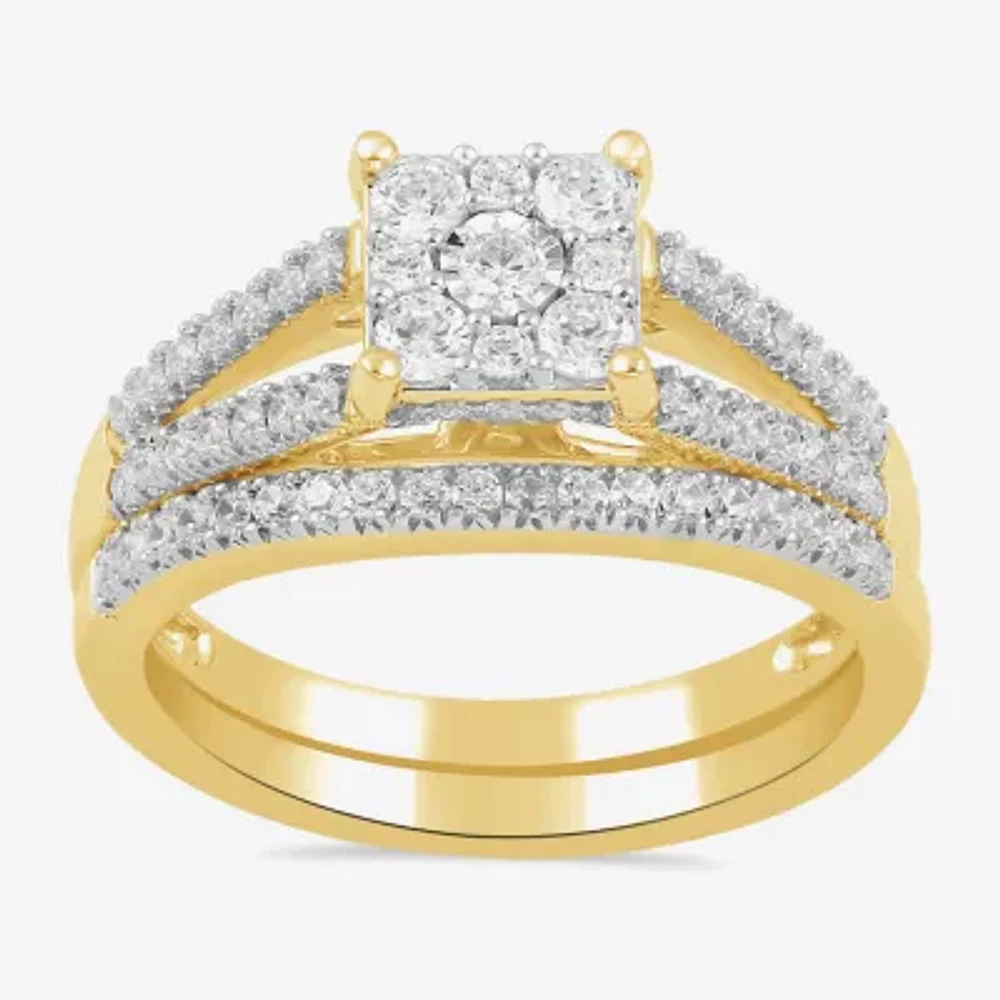 (H / I1-I2) Womens 5/8 CT. T.W. Lab Grown White Diamond 14K Gold Over Silver Sterling Halo Bridal Set