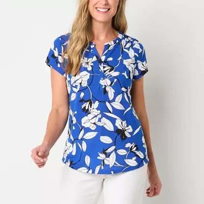Liz Claiborne Womens Split Crew Neck Short Sleeve Blouse