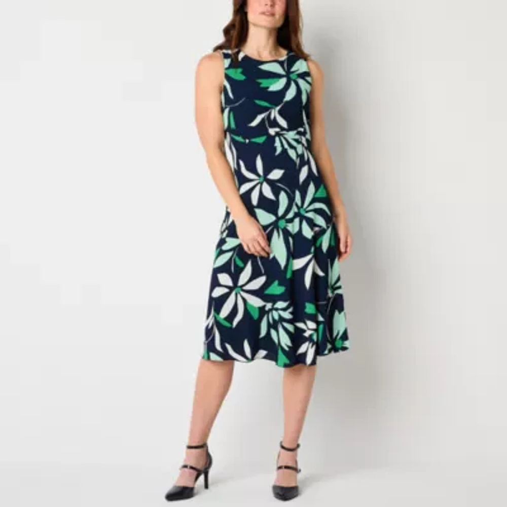 Liz Claiborne Womens Sleeveless Floral Midi A-Line Dress
