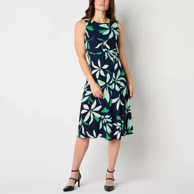 Liz Claiborne Womens Sleeveless Floral Midi A-Line Dress