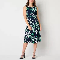 Liz Claiborne Womens Sleeveless Floral Midi A-Line Dress